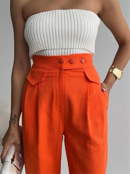PANTOLON KAPALI CEP 3 DÜĞME DETAYLI - Orange