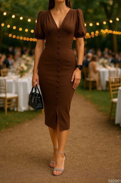 Kadın V Yaka Önü Düğmeli Sırt Pencere Dekolte Elbise