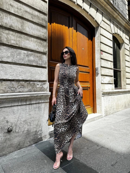 Leopar DesenliFermuarlı Cepli Pileli Midi Elbise - Leopar