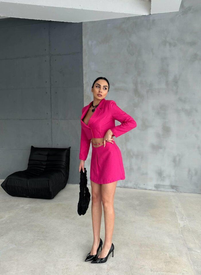 JAKARLI CROP CEKET-KISA ETEK KAPALI PİLE METAL KEMER DETAYLI - Fuşya