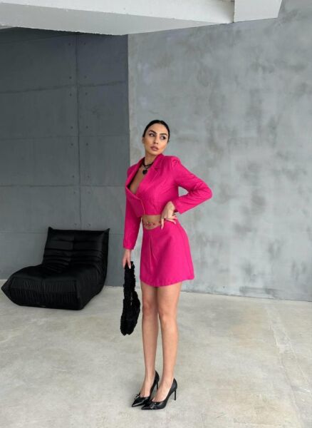 JAKARLI CROP CEKET-KISA ETEK KAPALI PİLE METAL KEMER DETAYLI - Fuşya
