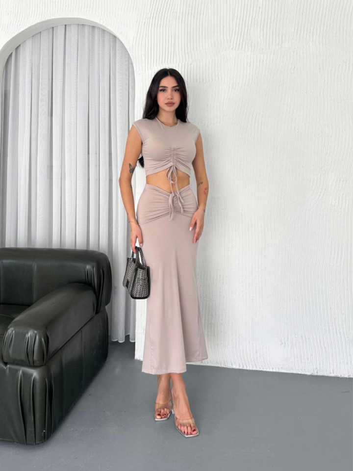 Osy Modal Yumuşak Dokulu Kumaş Büzgülü Crop Etek Takım -Bej