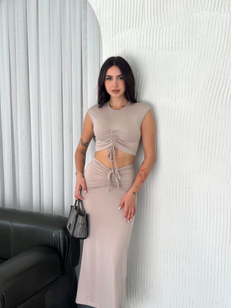 Osy Modal Yumuşak Dokulu Kumaş Büzgülü Crop Etek Takım -Bej