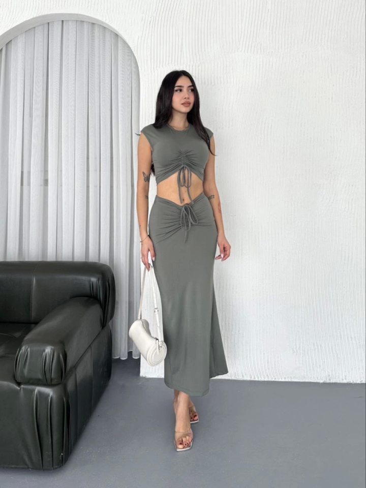 Osy Modal Yumuşak Dokulu Kumaş Büzgülü Crop Etek Takım - Mint Yeşili