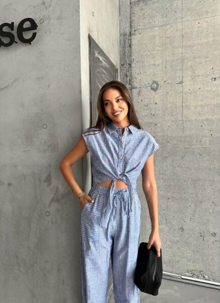 ÇİZGİLİ KETEN KOLSUZ CROP PANTOLON TAKIM - Lacivert