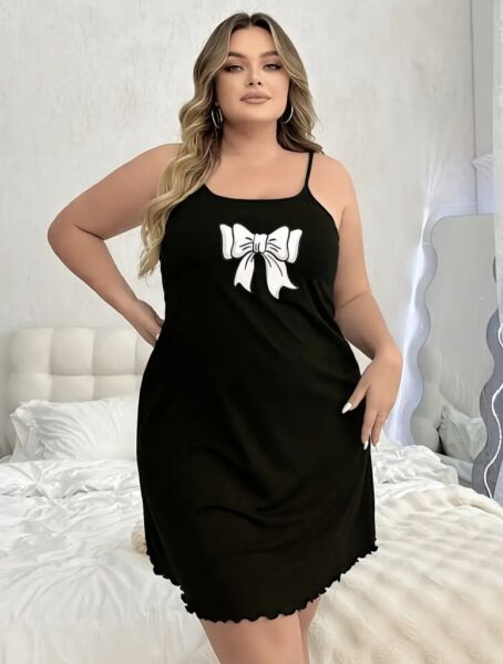 Kadın Kurdela Baskılı Askılı Viskon Gecelik