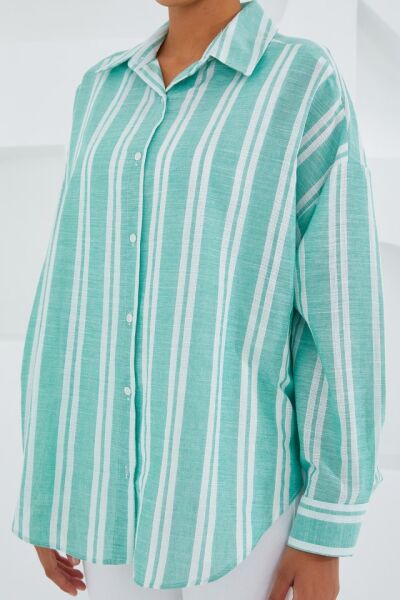Mint Yeşili Beyaz Çizgili Oversize Keten Gömlek 20251