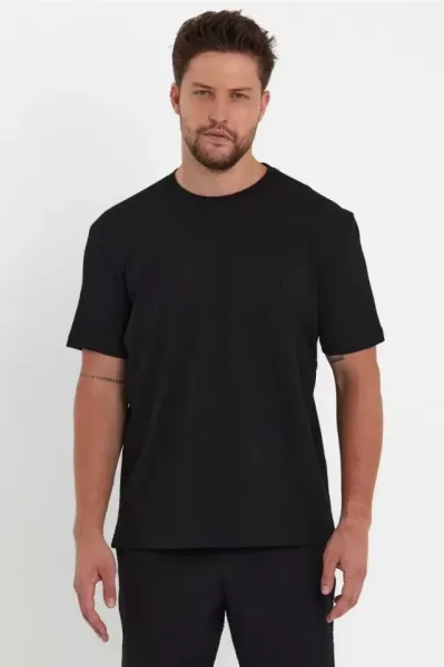 Unisex Düz Biskilet Yaka Oversize T-shirt - Siyah