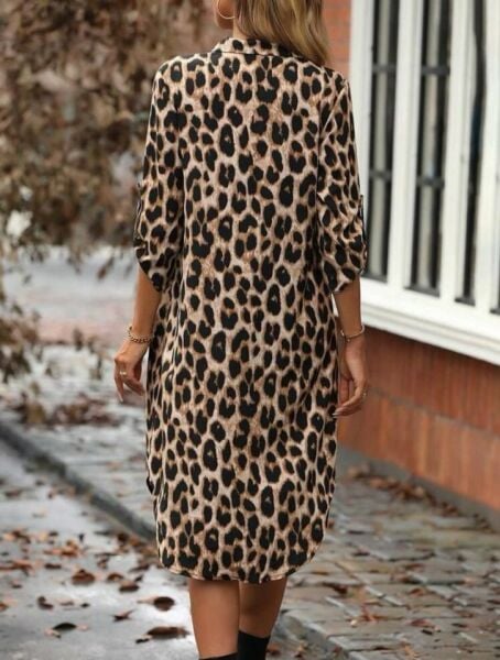 Kadın Leopar Desenli Cep Detay Kolu Manşetli Moskrep Gömlek Elbise