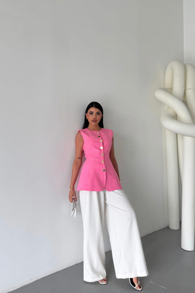 KETEN YELEK BELDEN OTURTMALISIRALI DÜĞME DETAYLI - Pembe