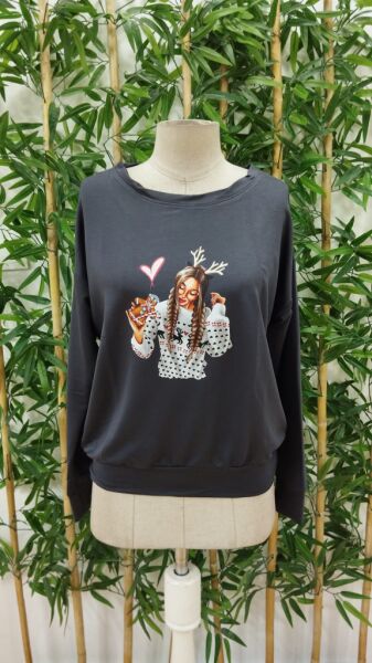 Kadın Yılbaşı özel Uzun Kollu Bisiklet Yaka Desenli Viskon Iki Iplik Bluz