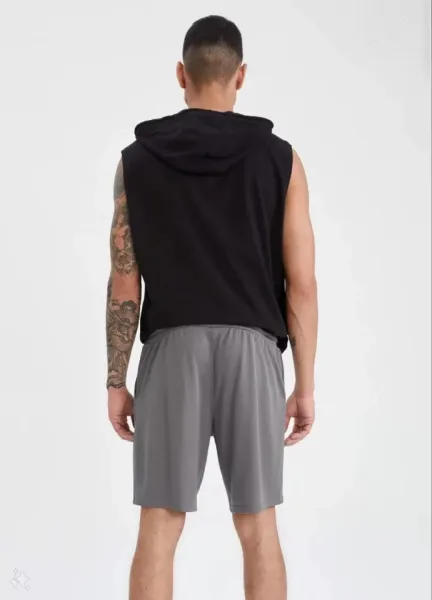 Unisex Kapşonlu Kolsuz Düz Oversize T-shirt - Siyah
