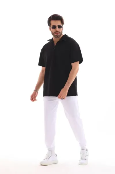 Unisex Yarım Fermuarlı Düz Oversize T-shirt - Siyah