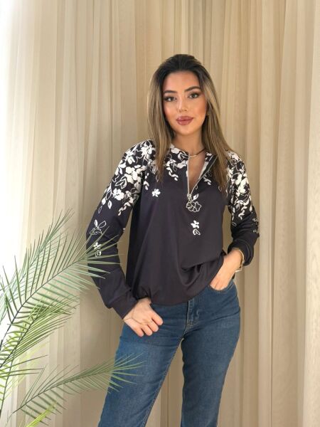 Kadın Uzun Kollu önden Fermuarlı çiçek Desenli şardonlu Dalgıç Bluz