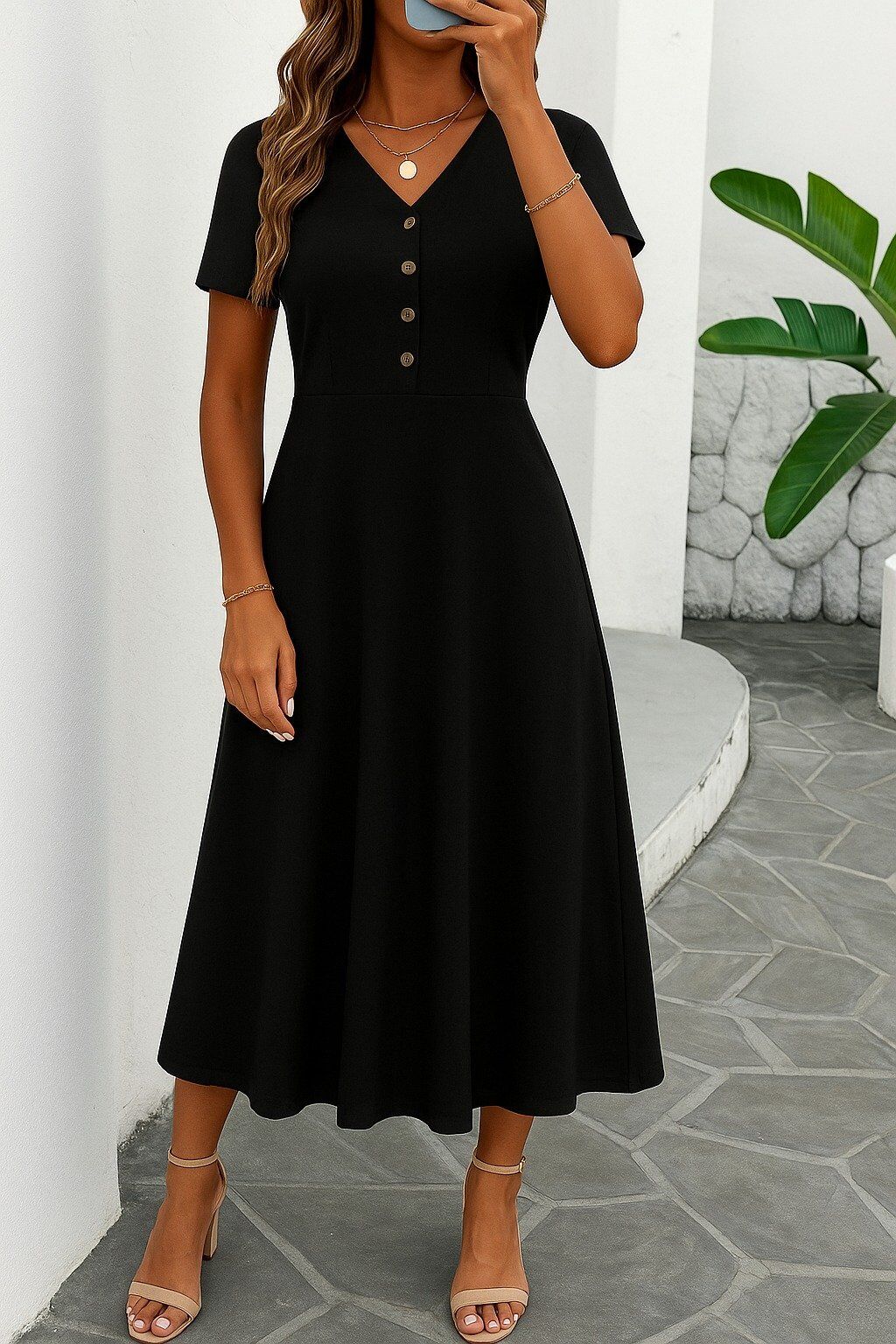 Kadın Kısa Kollu V Yakalı önden Düğmeli Yırtmaçlı Midi Viskon Elbise