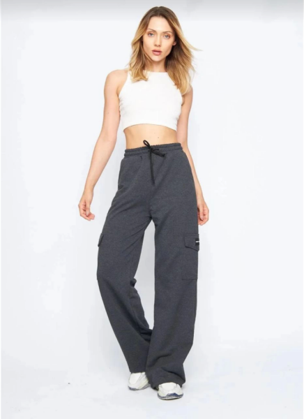 Kargo Cepli Palazzo Oversize Kesim İki Iplik Bol Paça Eşofman Altı Pantalon - Antrasit
