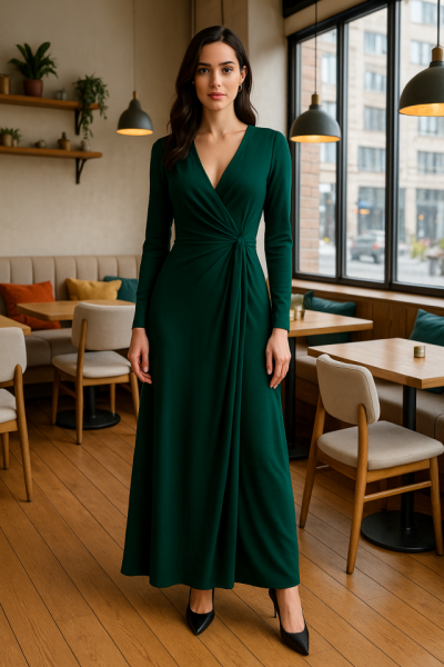 Kadın Kruvaze Yaka Toka Detay Maxi Boy Elbise