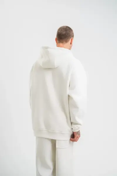 Unisex Double Oversize Kapşonlu Basic SweatShirt - Beyaz