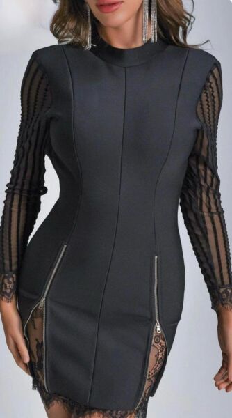 Kadın Kolları Ve Etek Ucu Dantel Detay Fermuar Dekolteli Skuba Kumaş Mini Elbise