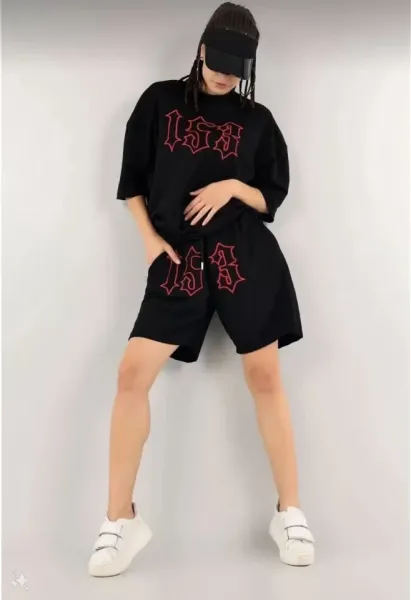 Unisex Nakış İşlemeli Şort Takım - Siyah