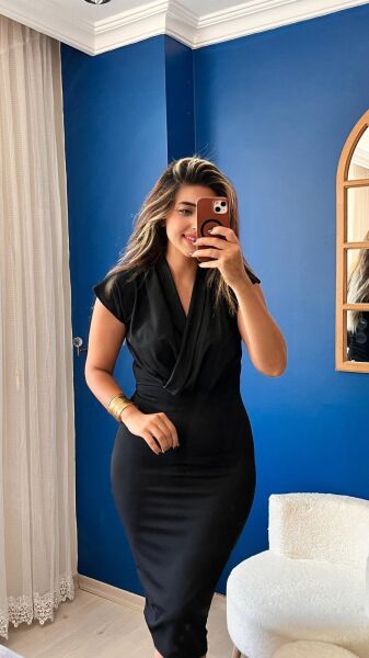 Kadın Kısa Kollu Kruvaze Yaka Krep Elbise (Kemersiz)