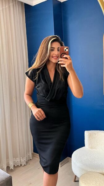 Kadın Kısa Kollu Kruvaze Yaka Krep Elbise (Kemersiz)