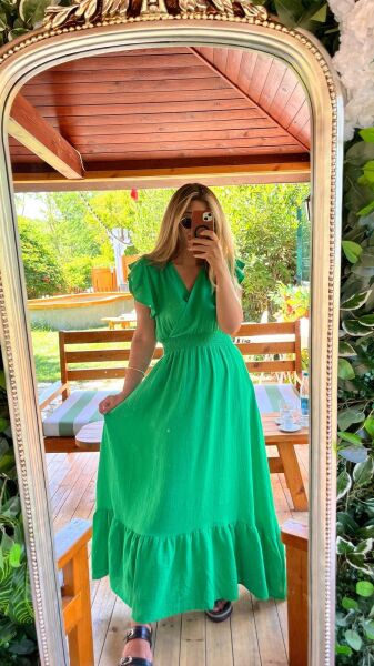 Kadın Kısa Kollu Kruvaze Yakalı Beli Lastikli Müslim Elbise