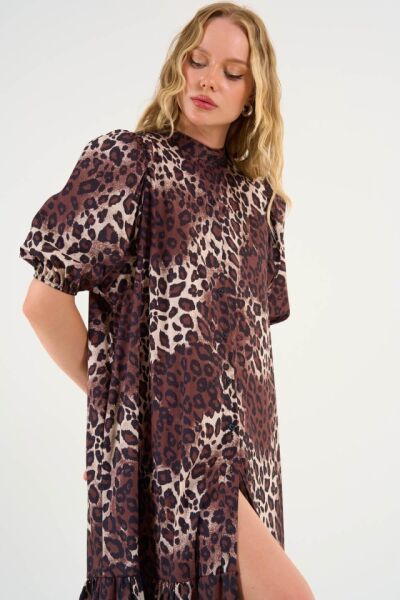 Kısa Kollu Leoparlı Elbise - Leopar