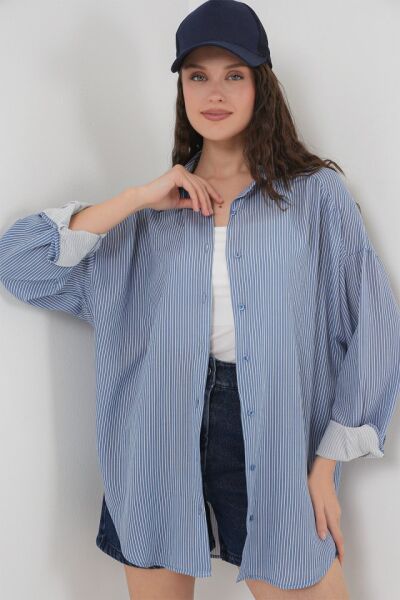 Çizgili Oversize Gömlek 20295 - İndigo