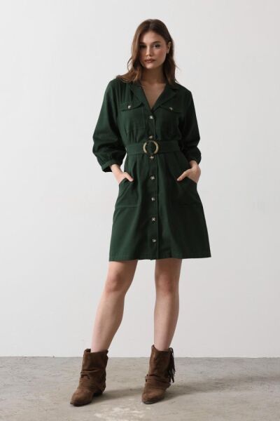 Kemer Detaylı Gabardin Elbise - Haki