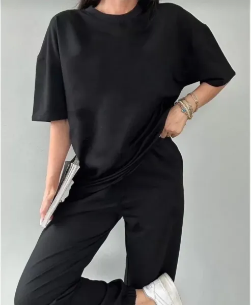 Unisex Düz T-Shirt Ve Eşofman Takımı - Siyah