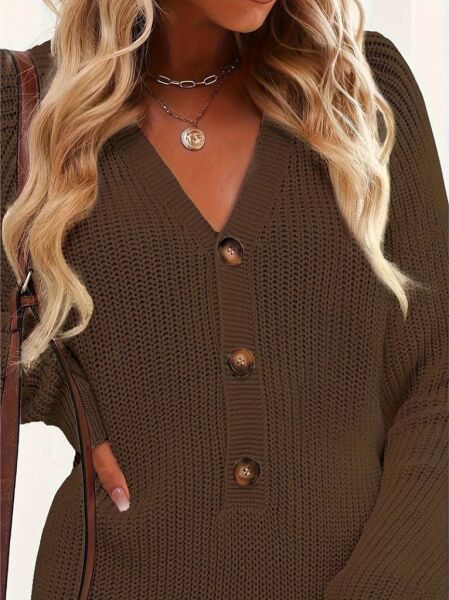 Kadın Uzun Kollu V Yakalı önden Düğmeli Kısa Triko Elbise