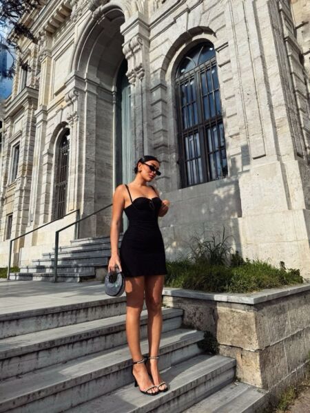 Kadın Omuz Askılı File Kumaş Likralı Mini Elbise