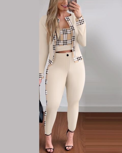 Kadın Uzun Kollu Baskılı Dalgıç Ceket Bluz Ve Pantolon 3lü Takım