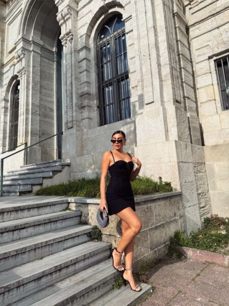 Kadın Omuz Askılı File Kumaş Likralı Mini Elbise