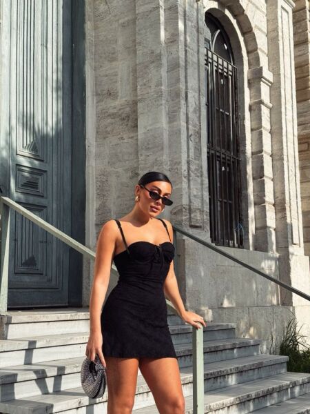 Kadın Omuz Askılı File Kumaş Likralı Mini Elbise