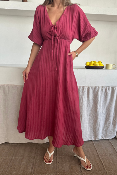 V YAKA DÖKÜMLÜ ELBİSE - Pembe