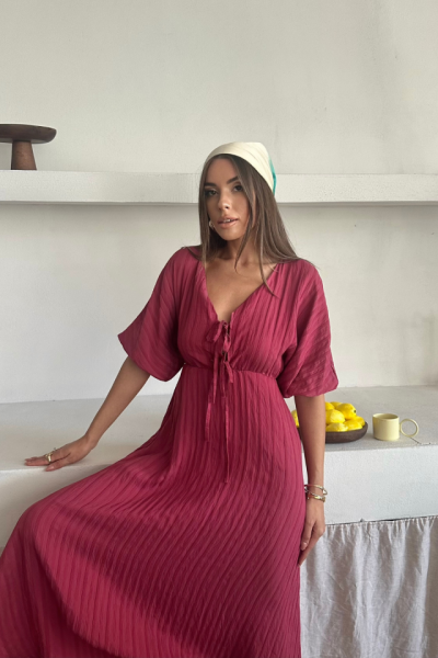 V YAKA DÖKÜMLÜ ELBİSE - Pembe