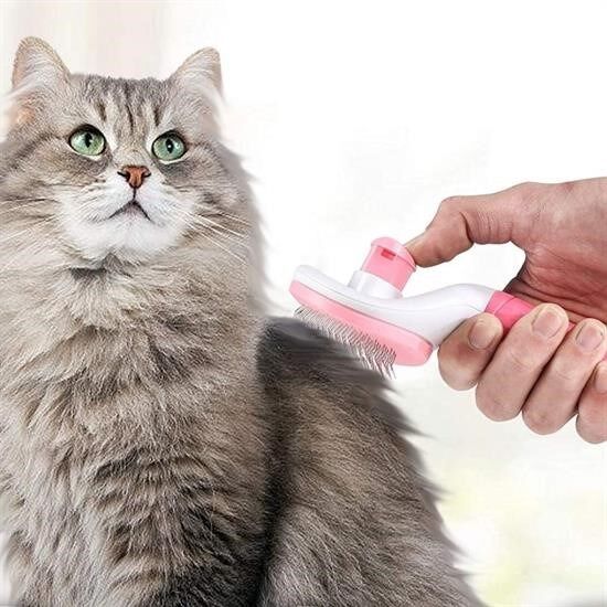 BUFFER® Kedi Köpek Tüy Toplayıcı Kendini Temizleyebilen Ergonomik Saplı Evcil Hayvan Tarağı Pembe