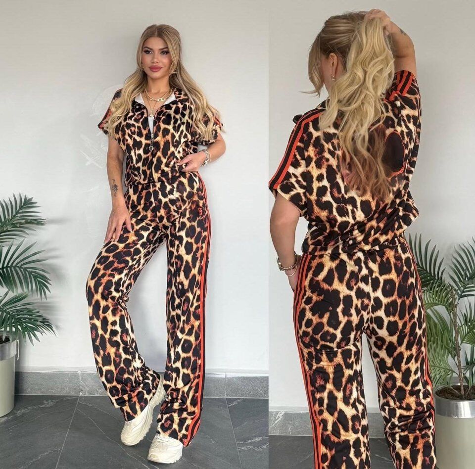 Kadın Dalgıç Kumaş Dijital Leopar Baskılı şerit Detaylı Takım