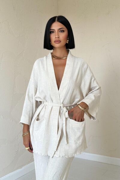 Bej Kimono Ve Pantolon Takım