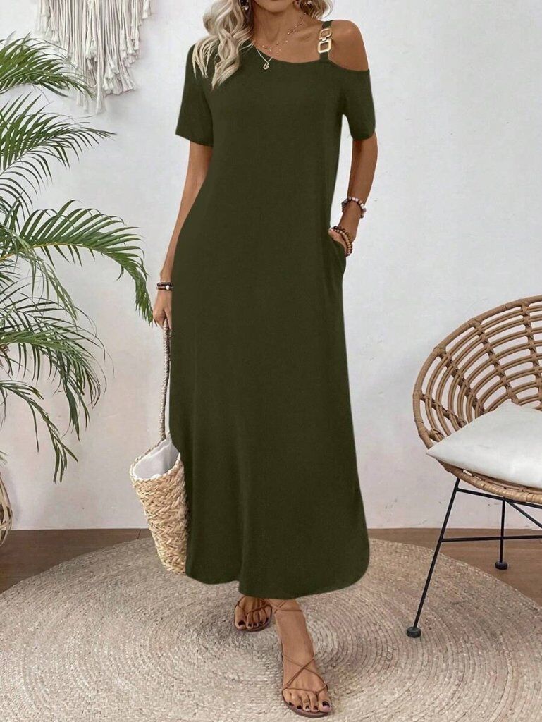 Kadın Tek Omuzdan Açık Toka Detaylı Yandan Yırtmaçlı Maksi Boy Viskon Elbise