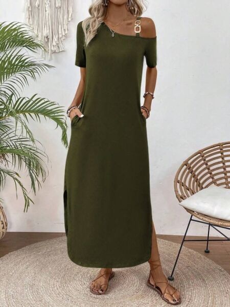 Kadın Tek Omuzdan Açık Toka Detaylı Yandan Yırtmaçlı Maksi Boy Viskon Elbise