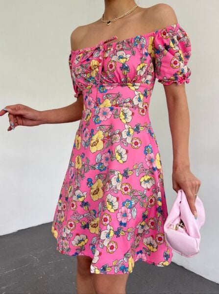 Yakası Lastikli Bağcık Detaylı Mini Elbise -Pembe