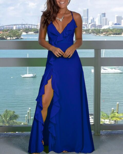 Kadın Sıfır Kol Ip Askılı Dekolteli Yırtmaç Detay Krep Elbise