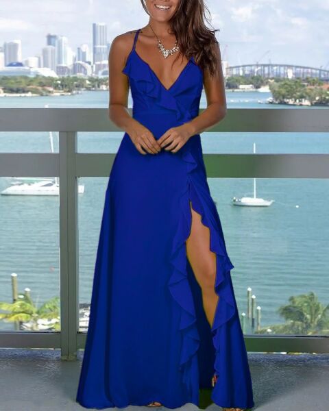 Kadın Sıfır Kol Ip Askılı Dekolteli Yırtmaç Detay Krep Elbise