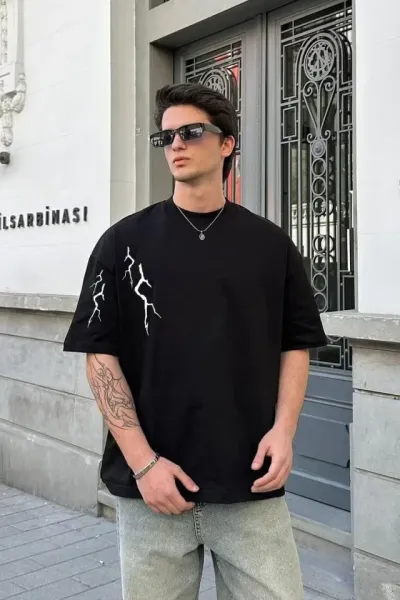Unisex Bisiklet Yaka Baskılı Oversize T-Shirt - Siyah