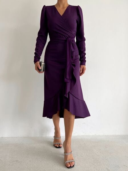 Krep Kumaş Midi Boy Kuşaklı Uzunkol Elbise