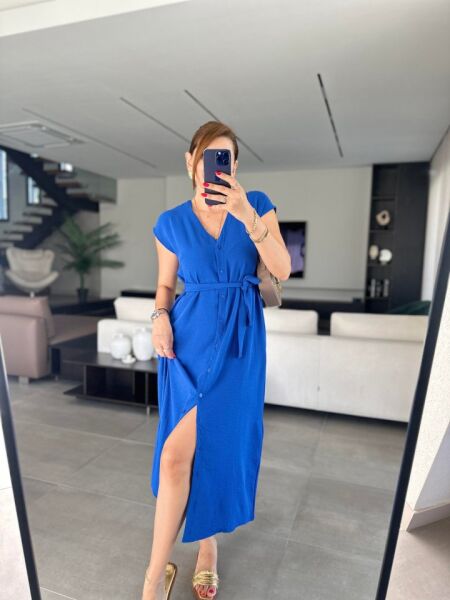 Kadınn V Yaka Düğme Detay Kuşak Dahil Elbise