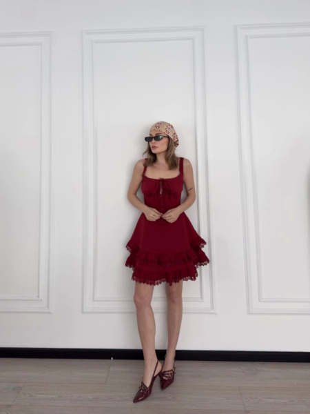 Mini Askılı Elbise - Bordo